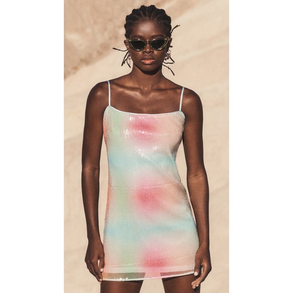 STAUD Jenny Dress Rainbow Ombré Mesh Mini slip sequin size medium M - Picture 5 of 14